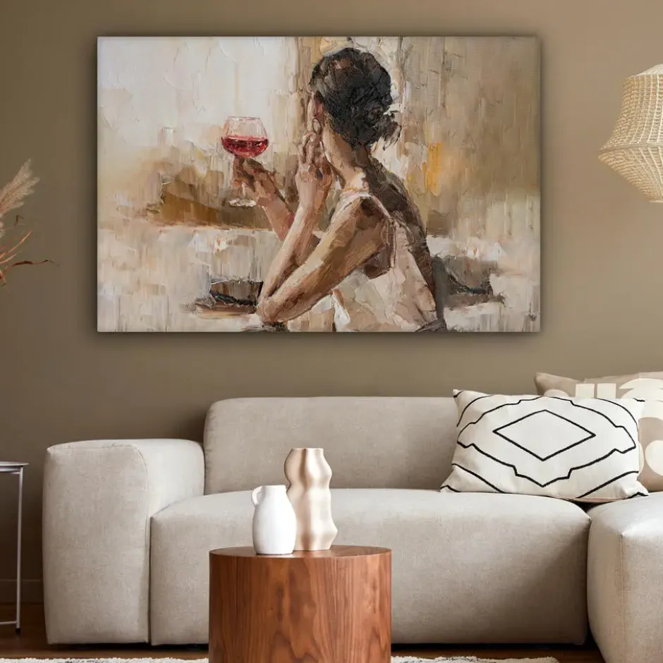 Canvas Schilderij 120x80 cm Olieverf - Vrouw - Wijn