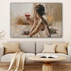 Canvas Schilderij 120x80 cm Olieverf - Vrouw - Wijn