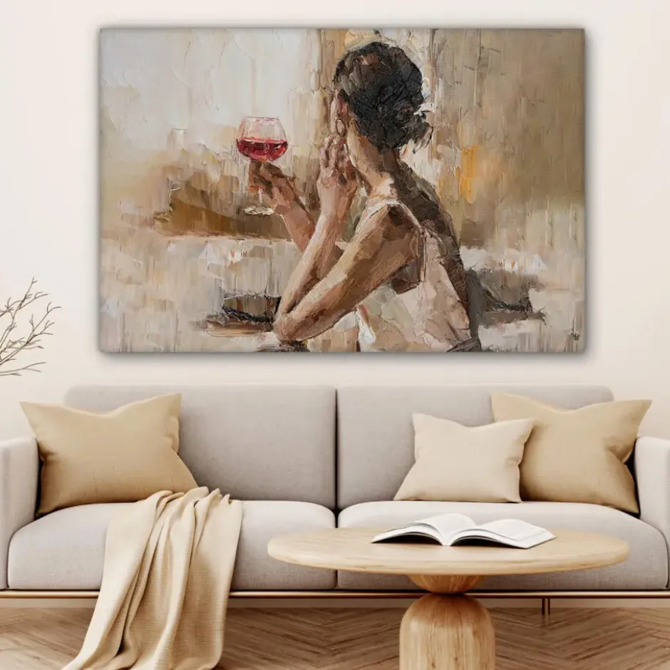 Canvas Schilderij 120x80 cm Olieverf - Vrouw - Wijn