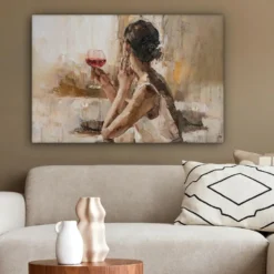 Canvas Schilderij 90x60 cm Olieverf - Vrouw - Wijn