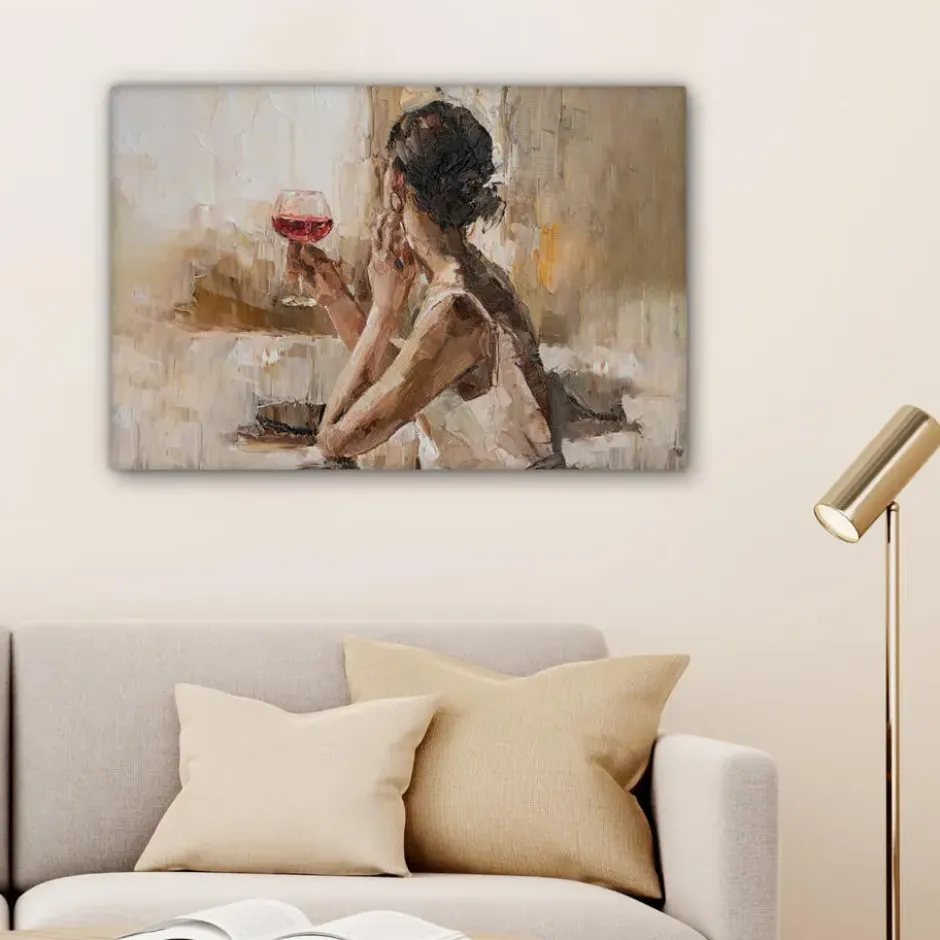Canvas Schilderij 90x60 cm Olieverf - Vrouw - Wijn