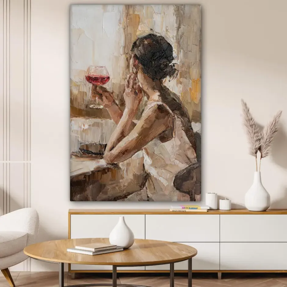 Canvas Schilderij 80x120 cm Olieverf - Vrouw - Wijn