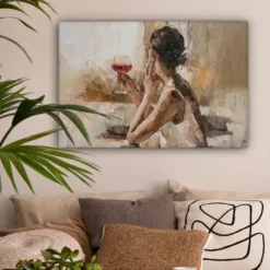 Canvas Schilderij 60x40 cm Olieverf - Vrouw - Wijn