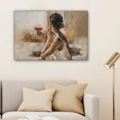 Canvas Schilderij 60x40 cm Olieverf - Vrouw - Wijn