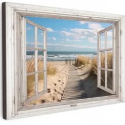 Canvas Schilderij 120x80 cm Raam - Zee - Kust - Natuur - Doorkijk - Strand -