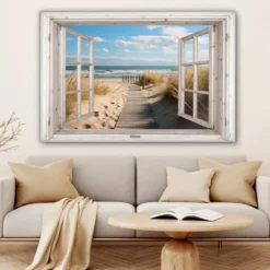 Canvas Schilderij 120x80 cm Raam - Zee - Kust - Natuur - Doorkijk - Strand -