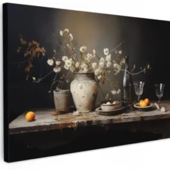 Canvas Schilderij 90x60 cm Stilleven - Bloemen - Boeket - Vaas - Wijn