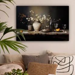 Canvas Schilderij 90x60 cm Stilleven - Bloemen - Boeket - Vaas - Wijn