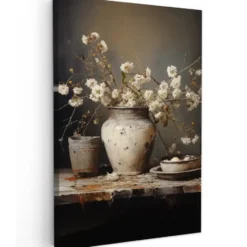 Canvas Schilderij 80x120 cm Stilleven - Bloemen - Boeket - Vaas - Wijn