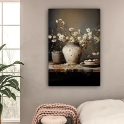 Canvas Schilderij 80x120 cm Stilleven - Bloemen - Boeket - Vaas - Wijn