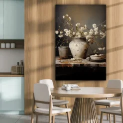 Canvas Schilderij 80x120 cm Stilleven - Bloemen - Boeket - Vaas - Wijn
