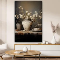 Canvas Schilderij 80x120 cm Stilleven - Bloemen - Boeket - Vaas - Wijn