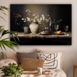 Canvas Schilderij 120x80 cm Stilleven - Bloemen - Boeket - Vaas - Wijn