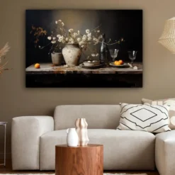 Canvas Schilderij 120x80 cm Stilleven - Bloemen - Boeket - Vaas - Wijn