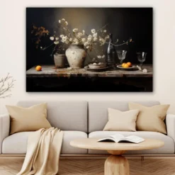 Canvas Schilderij 120x80 cm Stilleven - Bloemen - Boeket - Vaas - Wijn