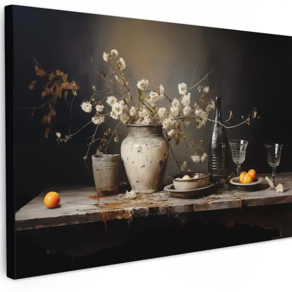 Canvas Schilderij 60x40 cm Stilleven - Bloemen - Boeket - Vaas - Wijn