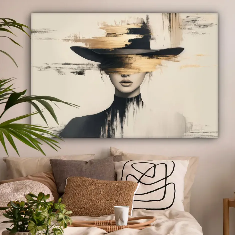 Canvas Schilderij 120x80 cm Vrouw - Hoed - Verf