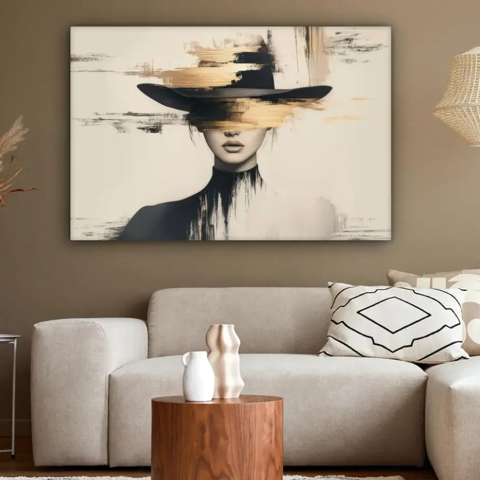 Canvas Schilderij 120x80 cm Vrouw - Hoed - Verf