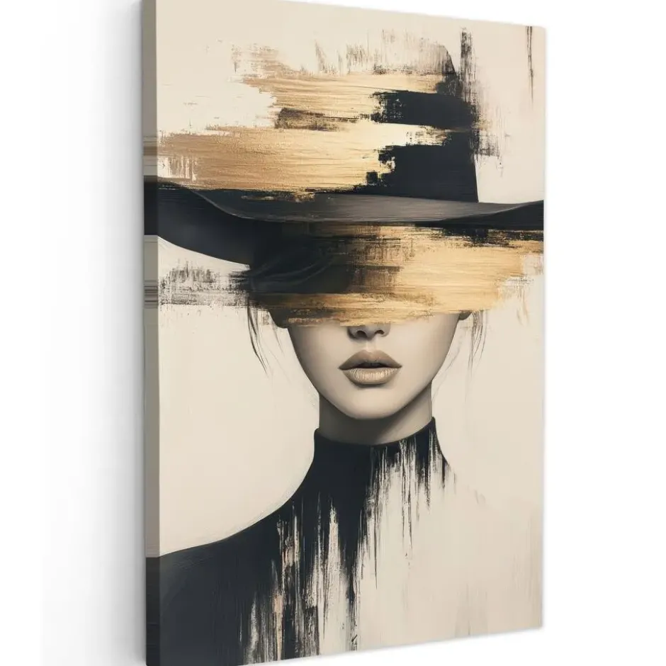 Canvas Schilderij 80x120 cm Vrouw - Hoed - Verf