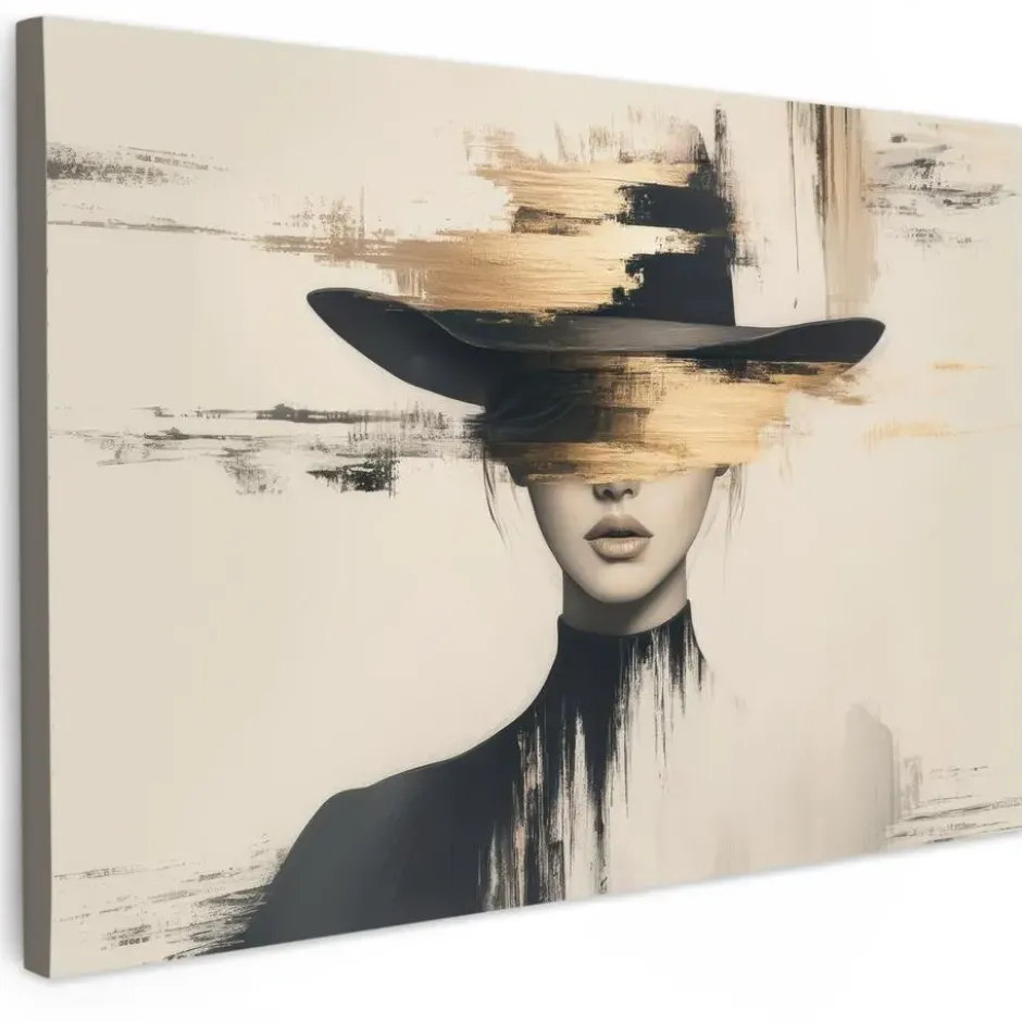 Canvas Schilderij 90x60 cm Vrouw - Hoed - Verf