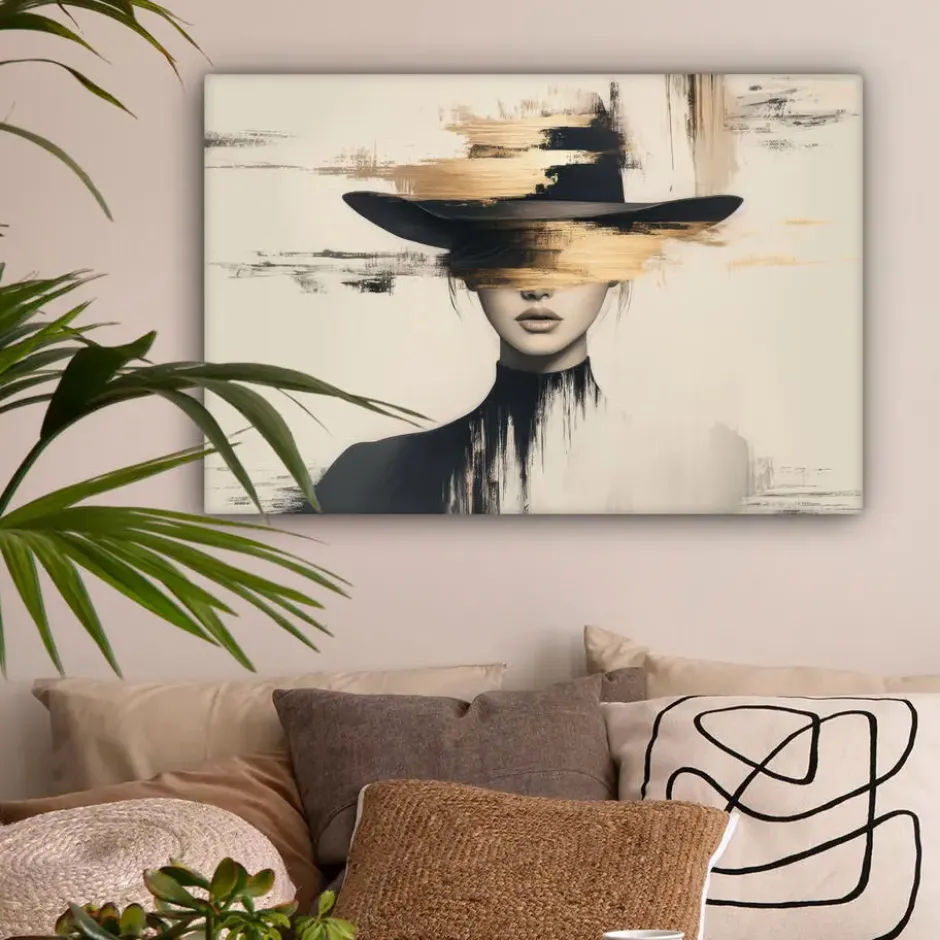 Canvas Schilderij 90x60 cm Vrouw - Hoed - Verf