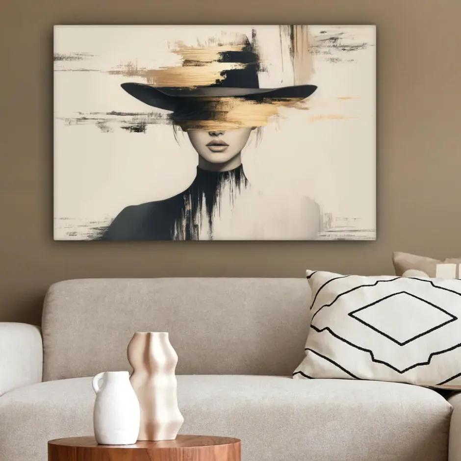 Canvas Schilderij 90x60 cm Vrouw - Hoed - Verf