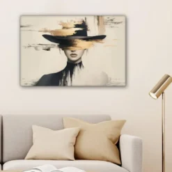 Canvas Schilderij 90x60 cm Vrouw - Hoed - Verf