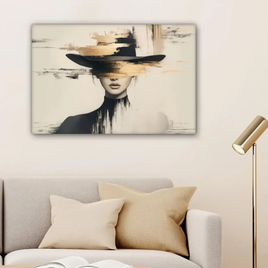 Canvas Schilderij 90x60 cm Vrouw - Hoed - Verf