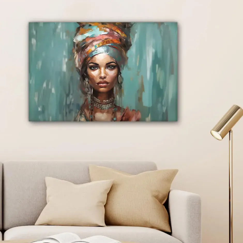 Canvas Schilderij 60x40 cm Vrouw - Kunst - Sieraden - Portret