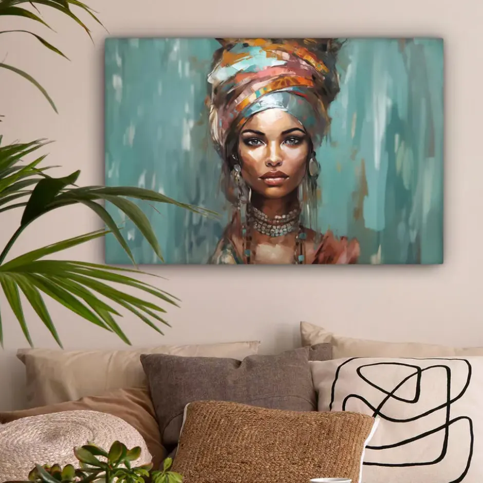 Canvas Schilderij 90x60 cm Vrouw - Kunst - Sieraden - Portret