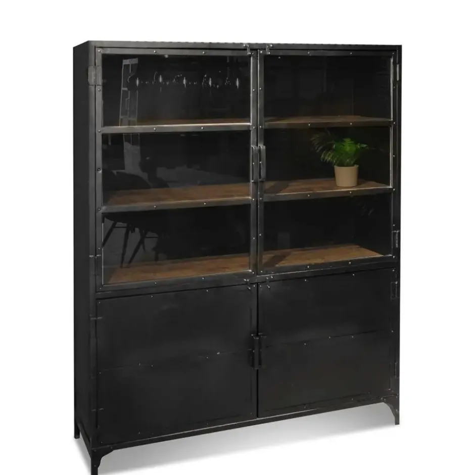 Cavetown Buffetkast industrieel Trevor zwart/ houten planken - 45x140x185 cm