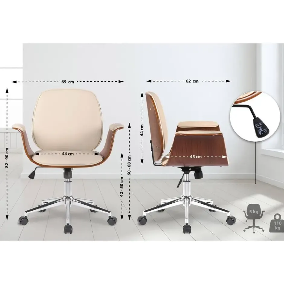 CLP Bureaustoel Kemberg chroom Frame - Hout - walnoot/creme