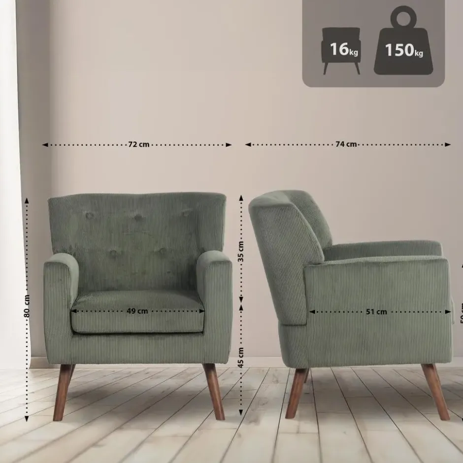 CLP Fauteuil Kioni bruin Frame - Ribstof - groen