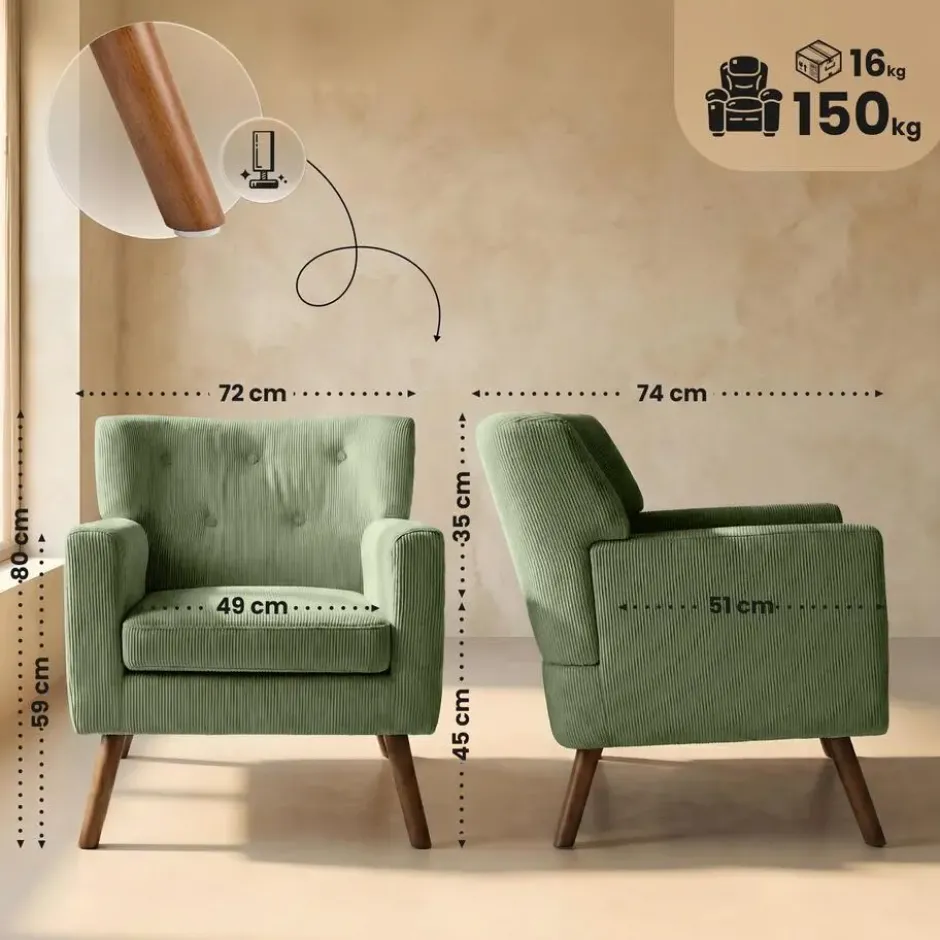 CLP Fauteuil Kioni bruin Frame - Ribstof - groen