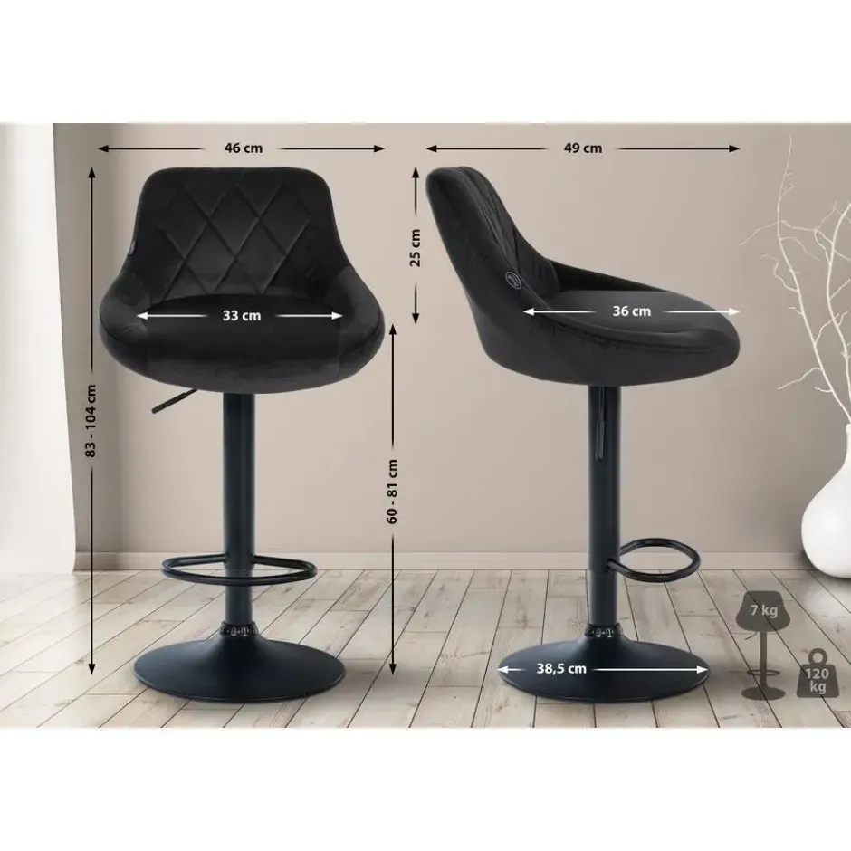 CLP Set van 2 Barkruk Lazio zwart Frame - Fluweel - zwart