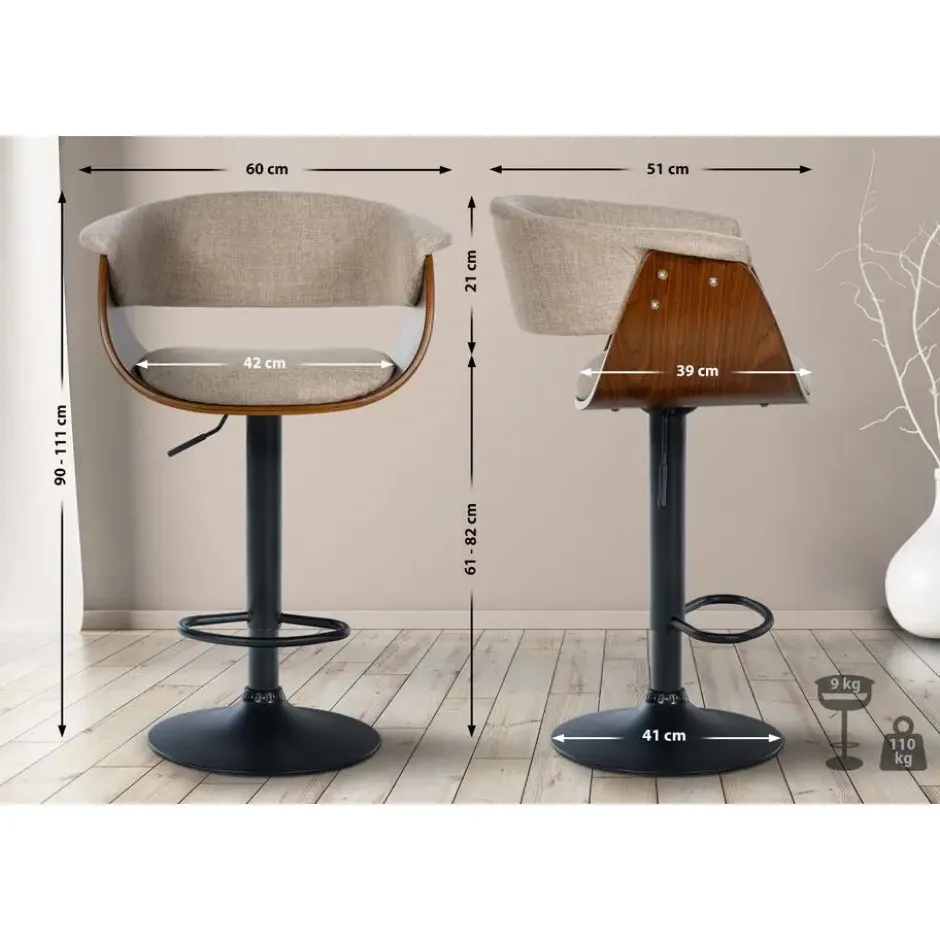 CLP Set van 2 Barkruk Vestal zwart Frame - Stof - walnoot/creme