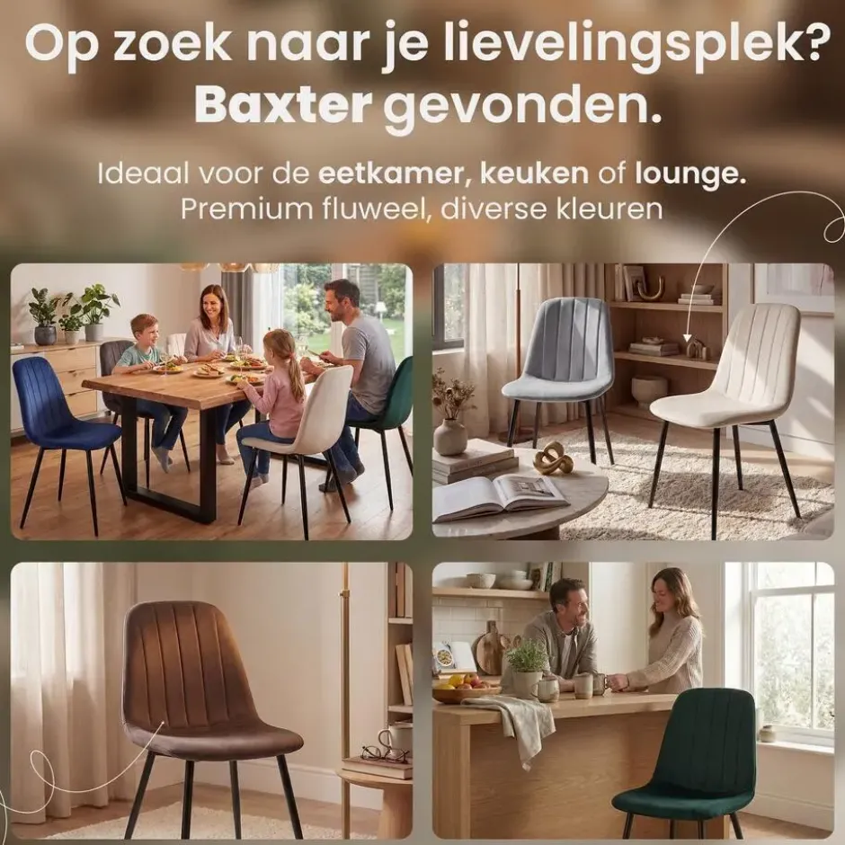 CLP Set van 4 Eetkamerstoel Baxter zwart Frame - Fluweel - donkergrijs