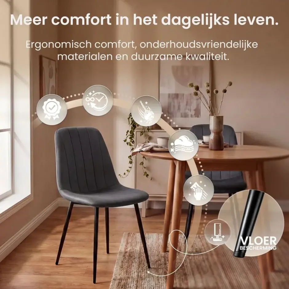 CLP Set van 4 Eetkamerstoel Baxter zwart Frame - Fluweel - donkergrijs