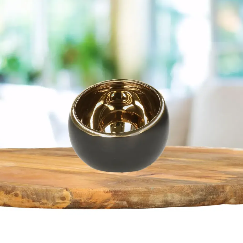 Countryfield theelichthouder/kaarsenhouder - zwart/goud - H9 cm