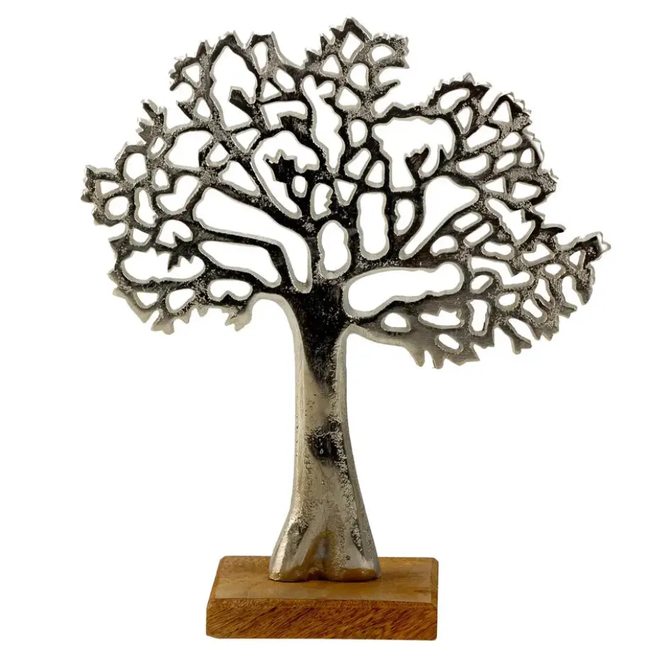 Decoratie levensboom - Tree of Life - aluminium/hout - 23 x 26 cm