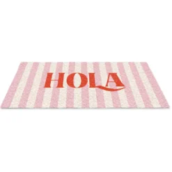 Deurmat 90x60 cm Hola - Quote - Strepen - Pastel - Roze - Rood - Wit