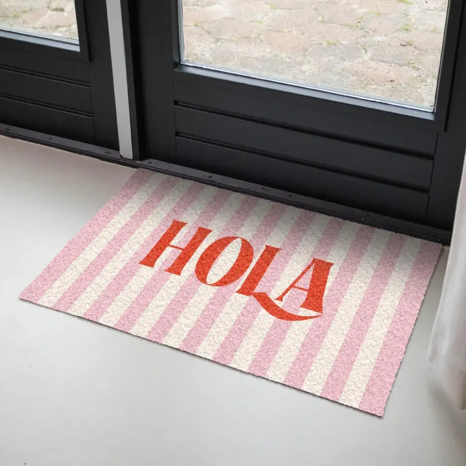 Deurmat 90x60 cm Hola - Quote - Strepen - Pastel - Roze - Rood - Wit