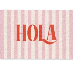 Deurmat 60x40 cm Hola - Quote - Strepen - Pastel - Roze - Rood - Wit