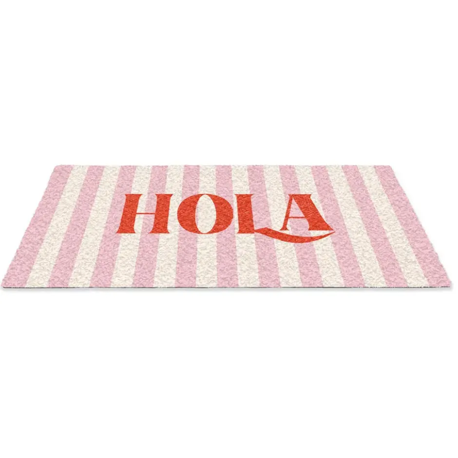 Deurmat 60x40 cm Hola - Quote - Strepen - Pastel - Roze - Rood - Wit