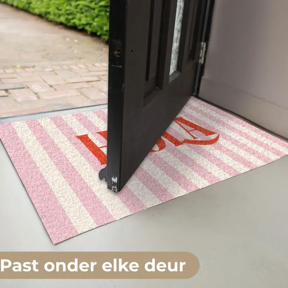 Deurmat 60x40 cm Hola - Quote - Strepen - Pastel - Roze - Rood - Wit