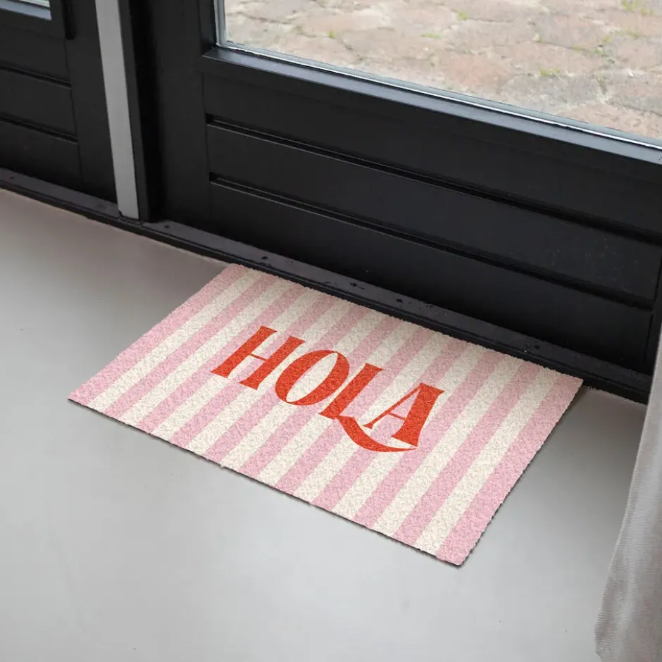 Deurmat 60x40 cm Hola - Quote - Strepen - Pastel - Roze - Rood - Wit