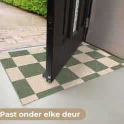 Deurmat 90x60 cm Schaakbord print - Groen - Beige - Blokjes