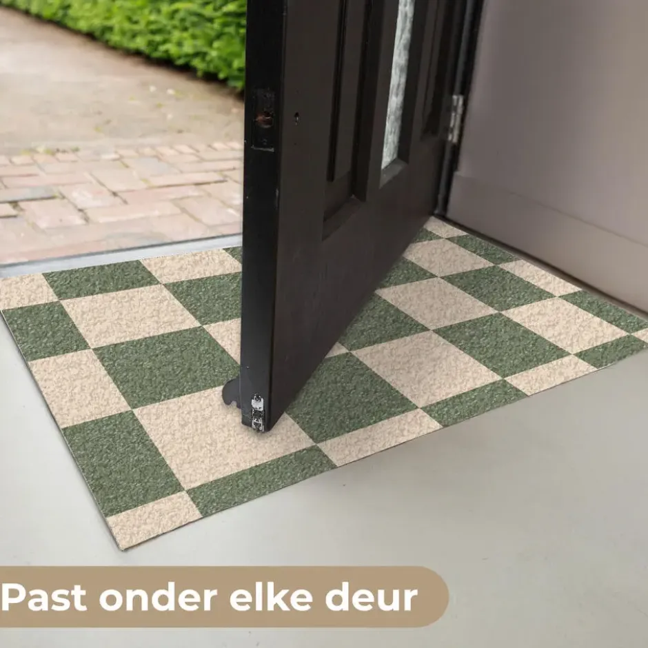 Deurmat 90x60 cm Schaakbord print - Groen - Beige - Blokjes