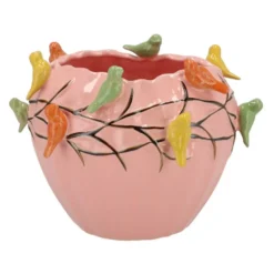 DK Design Bloempot/plantenpot Vogels - roze - D26 x H20 cm