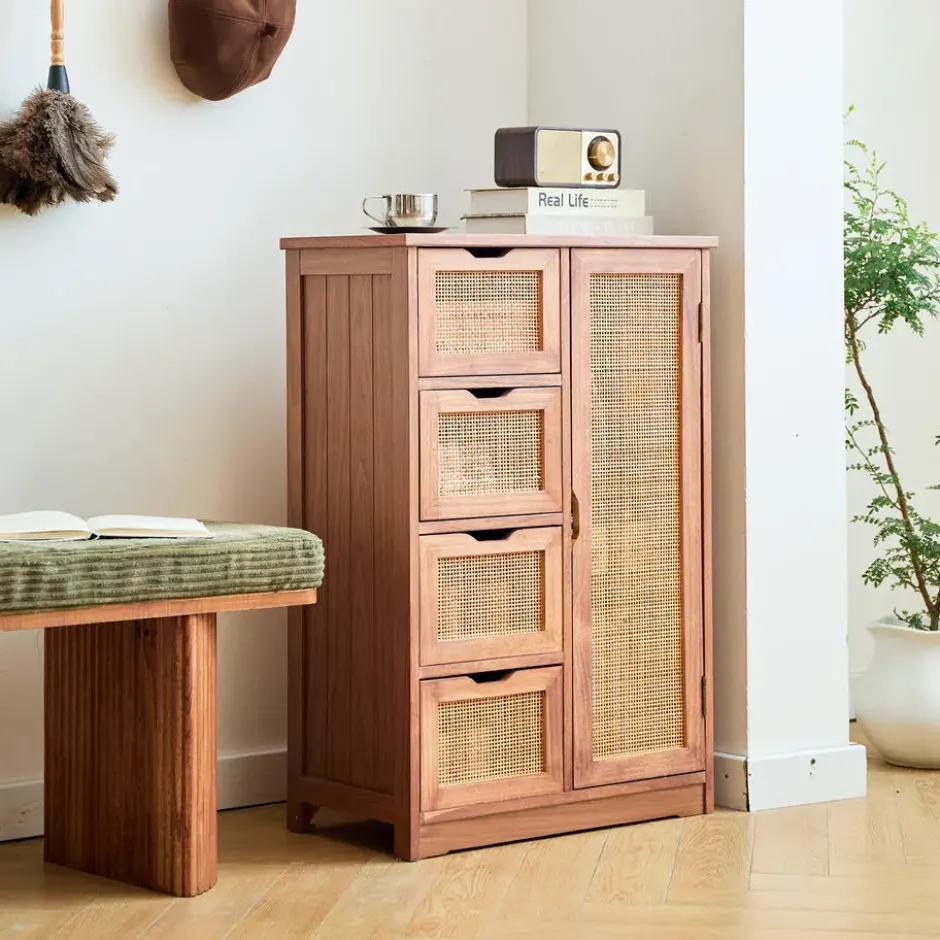 Dressoir opbergmeubel van notenhout en rotan